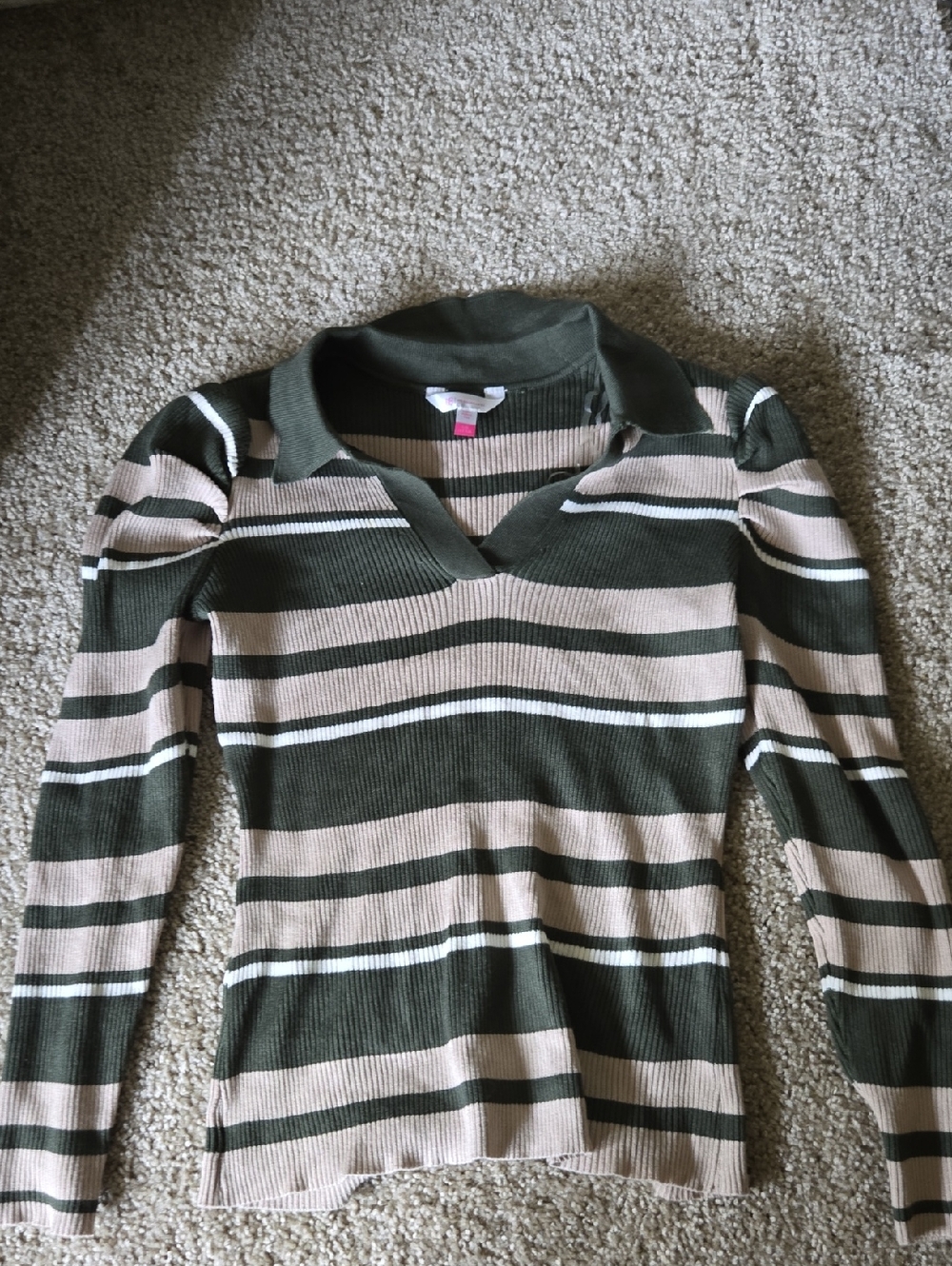 No Boundaries Olive Green and Blush Striped Ribbed Top